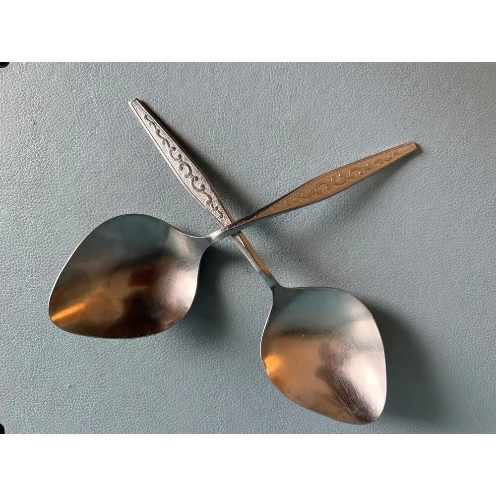 Vintage Oneida Northland Korea Stainless Serving Spoons Pair LeafBowl Scroll MCM